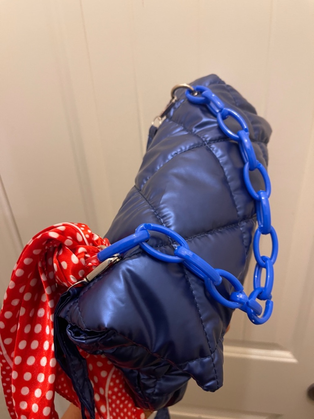 Quilted Navy Shoulder Bag with Chain Handle - Picture 10 of 16